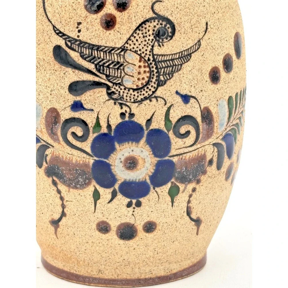 Netzi Tonala Pottery Burnished Clay Vase Hand-Painted Bird Floral Motif‎ Signed